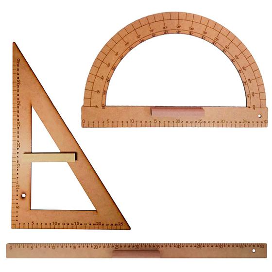 Imagem de Kit Geométrico do Professor Mdf Com Régua 60 cm 1 Transferidor 180 Graus e 1 Esquadro 30º/60º Graus