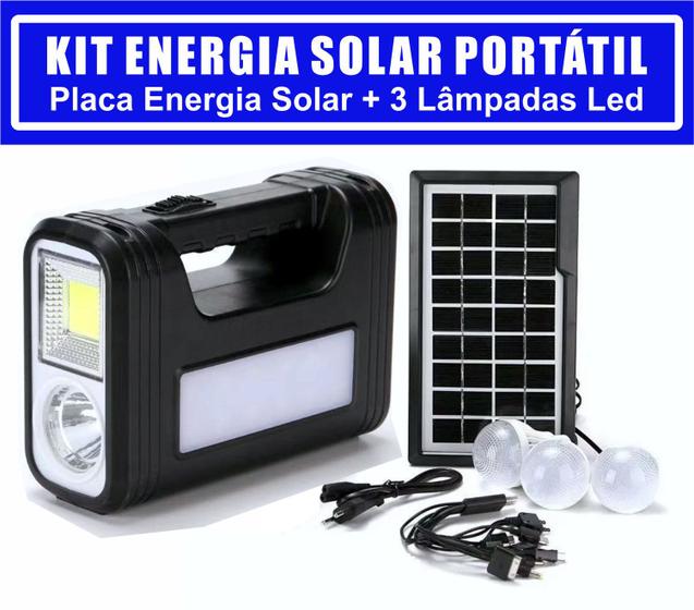 Imagem de Kit Gerador De Energia Solar Com Bateria 3 Lampadas Led C/ Lanterna E Farolete Led Placa Solar Powerbank Pescaria Camping Acampamento Maquetes