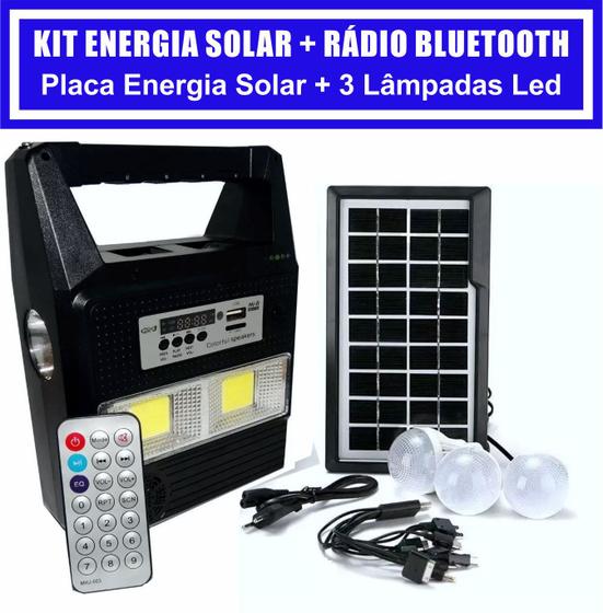 Imagem de Kit Gerador de Energia Solar Rádio FM USB Bluetooth Placa Solar 3 Lampadas Led Lanterna PowerBank Pescaria Camping Acampamento Maquetes