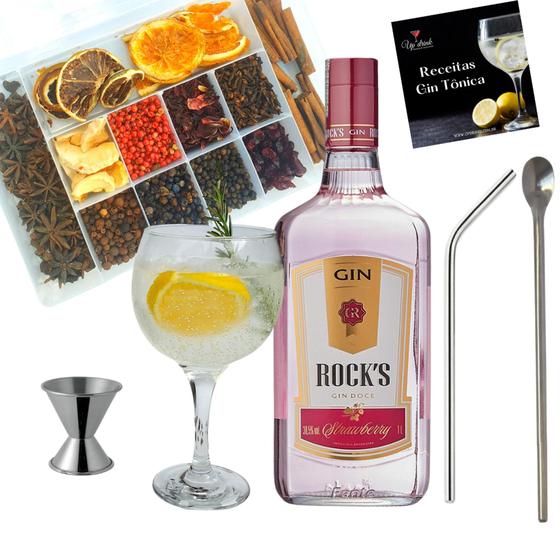 Kit Gin Rocks Strawberry + 12 Especiarias + Taca Vidro + Dosador Menor preço em Kit Gin Rocks Strawberry + 12 Especiarias + Taca Vidro + Dosador