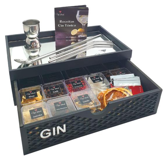 Kit Gin Tonica Bandeja Espelhada com Gaveta + 14 Especiarias + Dosador + Colher Menor preço em Kit Gin Tonica Bandeja Espelhada com Gaveta + 14 Especiarias + Dosador + Colher