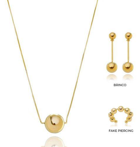 Imagem de Kit Giovanna - Colar Bola Lisa G + Brinco Haste + Fake Piercing Ouro 18k