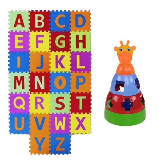 Imagem de Kit Girafa Brinquedo Empilhar e Tatame Emborrachado Alfabeto 26 Pcs