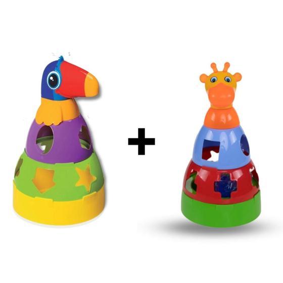 Imagem de Kit Girafa e Tucano Brinquedo Empilhar Didático Bebê Criança