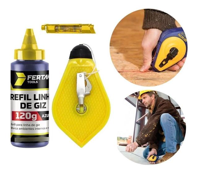 Imagem de Kit Giz De Linha 15m Marcação Com Refil + Nível P/ Gesseiro - Fertak