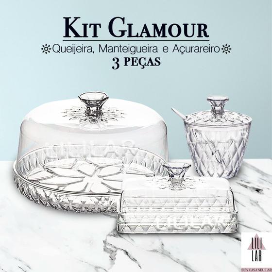 Imagem de Kit Glamour 3 peças Queijeira Mantegueira Açucareiro Linha Cristal
