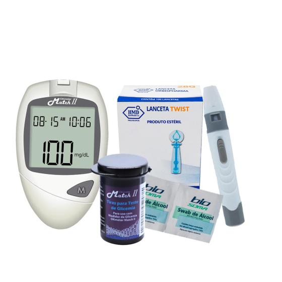 Imagem de  Kit Glicemia 1 Medidor Diabete Match II + 1 Frasco de tiras reagente  + Caneta lancetadora+ lanceta Twist + ALCOOL SWABS