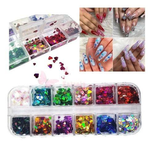 Imagem de Kit Glitter Coração Unhas Holográfica Forma 3d Brilhante