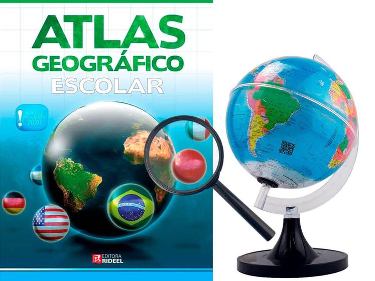 Imagem de Kit Globo Terrestre 21CM LED Profissional + Lupa  + Atlas Escolar Edição Atualizada Mapas De Países Físicos e Políticos
