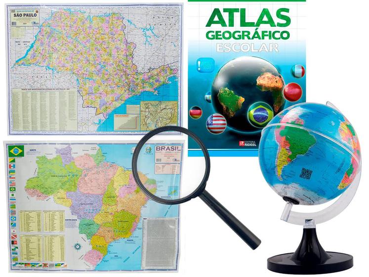 Imagem de Kit Globo Terrestre 21cm Profissional + Lupa  + Atlas + Mapa de São Paulo e Mapa do Brasil 120x90cm Atualizado Escolar