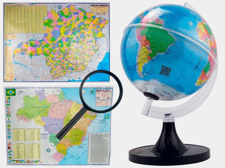 Imagem de Kit Globo Terrestre 21cm Profissional + Lupa + Mapa de Minas Gerais + Mapa do Brasil 120x90cm Atualizado Escolar