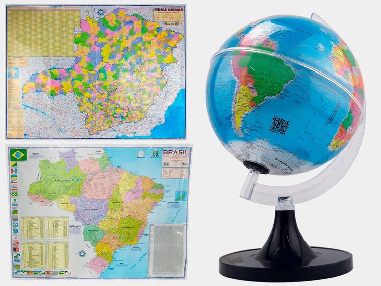 Imagem de Kit Globo Terrestre 21cm Profissional + Mapa de Minas Gerais + Mapa do Brasil 120x90cm Atualizado Escolar