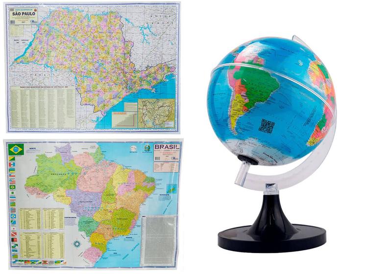 Imagem de Kit Globo Terrestre 21cm Profissional + Mapa do Estado de SP + Mapa do Brasil 120x90cm Atualizado Escolar