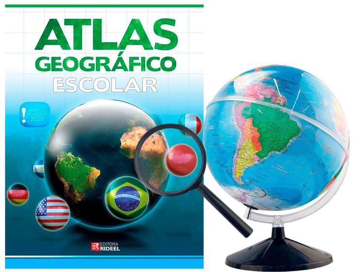 Imagem de Kit Globo Terrestre 30cm Com Led + Lupa + Livro Atlas Edição Atualizada Mapas De Países Físicos e Políticos