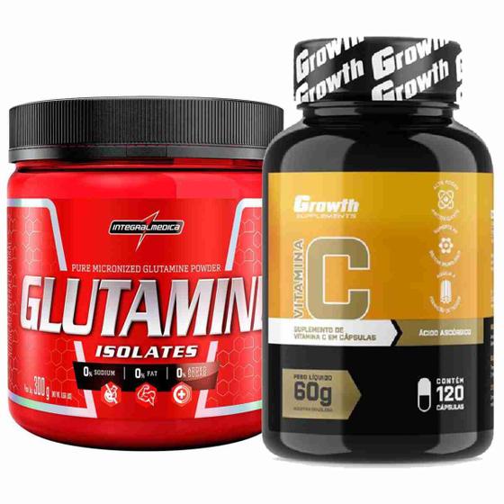 Imagem de Kit Glutamina 300g Integral + Vitamina C 120 Caps Growth