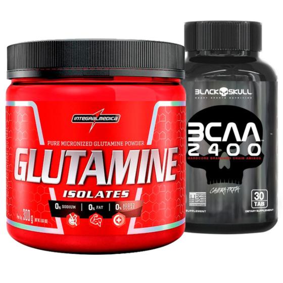 Kit Glutamina Pura 300g Integral + Bcaa 30 Caps Black Skull
