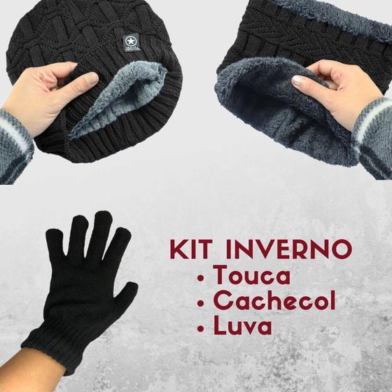 Imagem de Kit Gorro de Frio + Cachecol Estilo Gola + luva - Preto