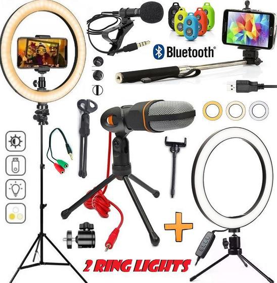 Imagem de Kit Gravação de Vídeo Aula Celular Tripé 2m Profissional + 2 Hing Light Luz Led Anel Iluminador Microfone Bastão Selfie