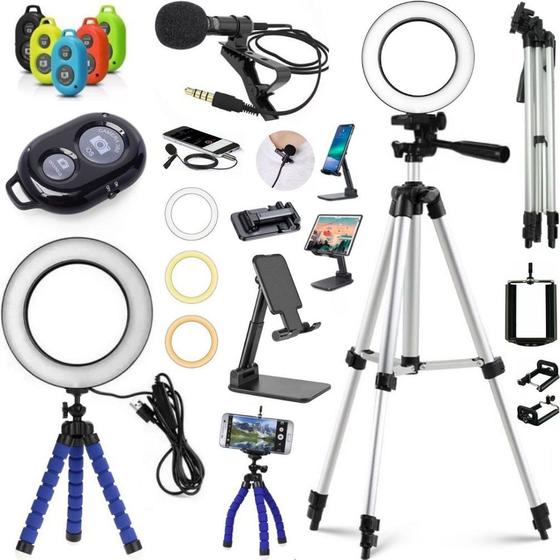 Imagem de Kit Gravação Ring Light Luz Tripé Microfone Lapela Filmagem Celular