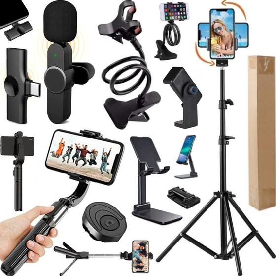 Imagem de Kit Gravação Tripé 2m Bastão Microfone Sem Fio Tipo-C Filmagem no Celular