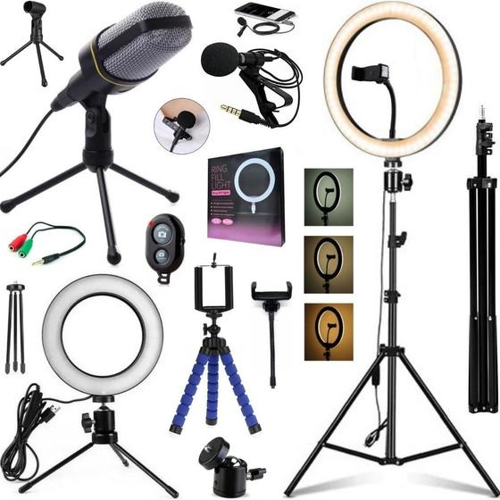 Imagem de Kit Gravação Vídeo Profissional Tripé 2M Luz Ring light Microfone Aula Home Office Conferência