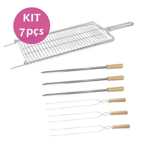 Imagem de Kit Grelha 3un espetos duplo 3un simples inox 65cm churrasco