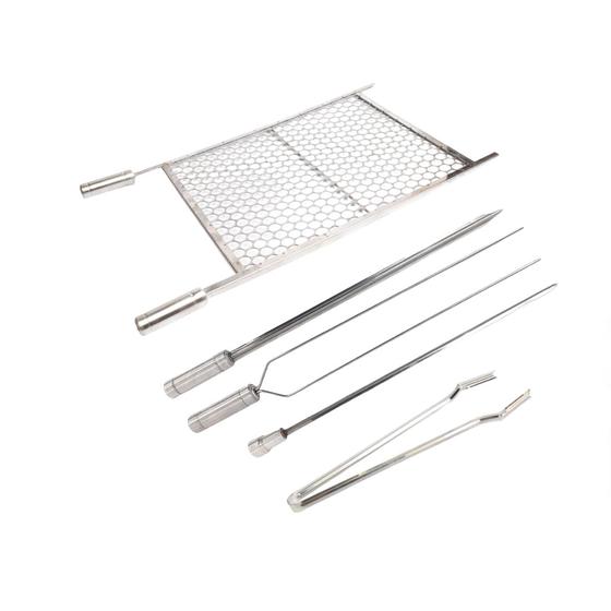 Imagem de Kit grelha inox 50x50 e 3 espetos 60cm e pegador carnes inox