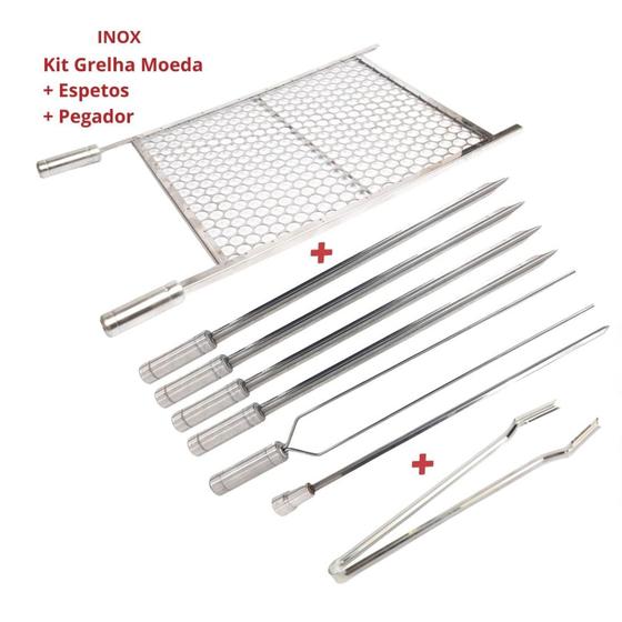 Imagem de Kit Grelha Inox 70x50 E 6 Espetos E Pegador Carnes Churrasco