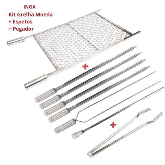 Imagem de Kit Grelha Inox 70x60 E 6 Espetos E Pegador Carnes Churrasco