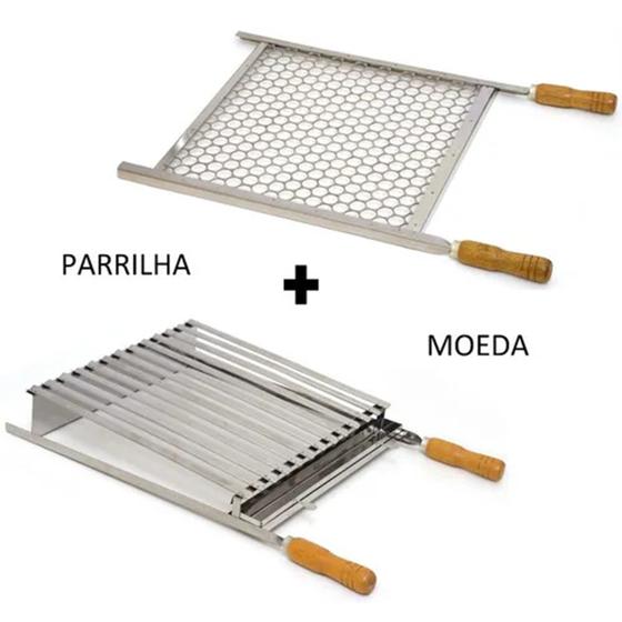 Imagem de Kit Grelha Parrilla Tipo Argentina + Grelha Moeda - Média 40 X 40 - Cabo de Madeira