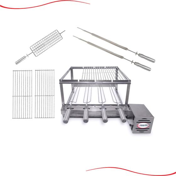 Kit Grill Inox Churrasqueira Direito Gira 4 Espetos + 2 Espadas, 2 Grelhas Auxiliar, Espeto