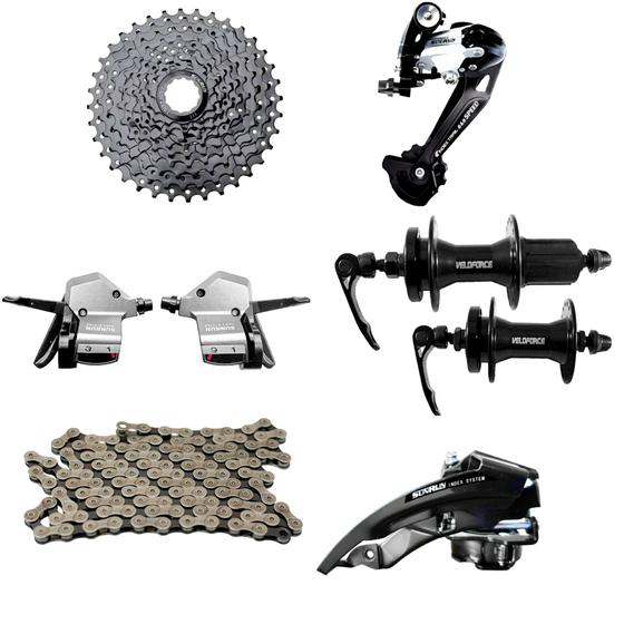 Kit Grupo Bicicleta 27 Marchas K7 9v 11/36 Cambio TS DT Cubo 36f Alavanca Corrente Bike Ciclismo Menor preço em Kit Grupo Bicicleta 27 Marchas K7 9v 11/36 Cambio TS DT Cubo 36f Alavanca Corrente Bike Ciclismo