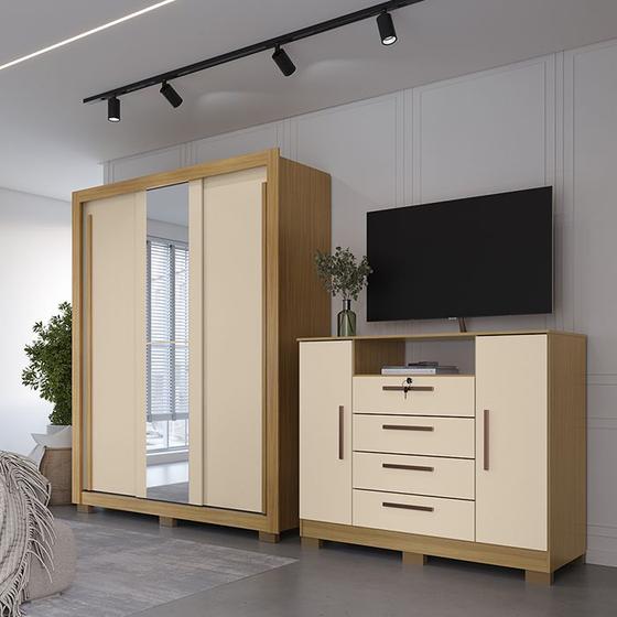 Kit Guarda Roupa Casal Dallas 3 Portas 2 Gavetas com Espelho e Cômoda Viena 2 Portas e 4 Gavetas I01 Carvalho Off White - Clique Chique Móveis Menor preço em Kit Guarda Roupa Casal Dallas 3 Portas 2 Gavetas com Espelho e Cômoda Viena 2 Portas e 4 Gavetas I01 Carvalho Off White - Clique Chique Móveis