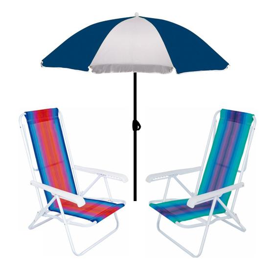 Imagem de Kit Guarda Sol 1,8m Fashion 2 Cadeira Reclinável 8 Posições Aço Praia Camping Piscina - Mor