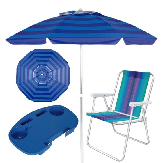 Imagem de Kit Guarda-sol 2 M Aluminio Azul + Mesa Portatil + 1 Cadeira Pesca / Praia  Mor 