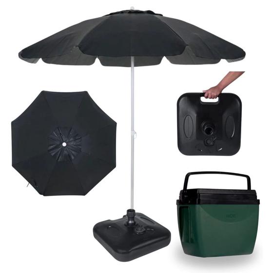 Imagem de Kit Guarda Sol 2 M para Praia Preto Bagum + Base Suporte 22 Kg + Caixa Termica 18 Litros Cooler Verde