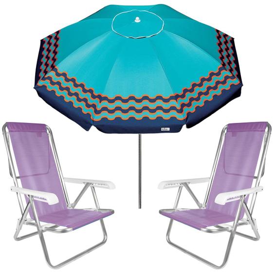 Imagem de Kit Guarda Sol 2,4m Articulado Ibiza Turquesa Cadeira 8 Posições Alumínio Sannet Praia Piscina Camping - Tobee