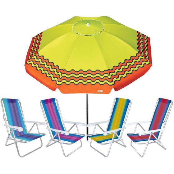 Imagem de Kit Guarda Sol 2,4m Articulado Ibiza Verde Limão 4 Cadeira 8 Posições Alumínio Praia Piscina Camping - Tobee