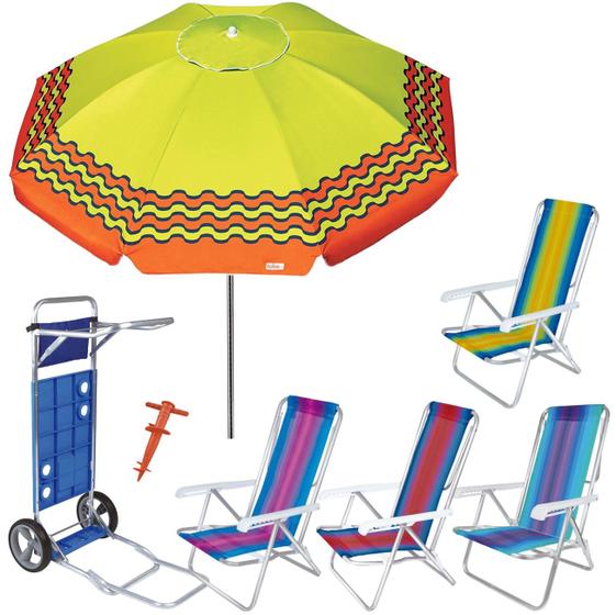 Imagem de Kit Guarda Sol 2,4m Ibiza Carrinho De Praia Avanço 4 Cadeira Reclinável 8 Posições Saca Areia - Tobee