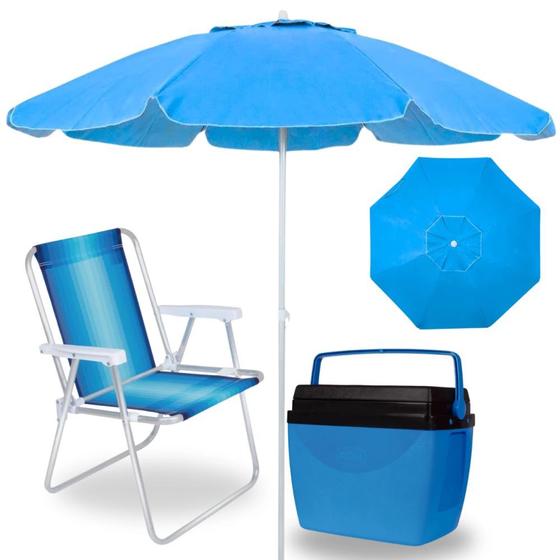 Imagem de Kit Guarda Sol Azul Bahia 2 M Bagum + Cadeira de Praia Aluminio + Cooler 34 Litros