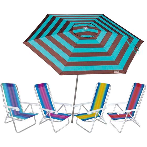 Imagem de Kit Guarda Sol Ombrelone 2,4m Malibu Turquesa 4 Cadeira 8 Posições Alumínio Praia Piscina Camping - Tobee