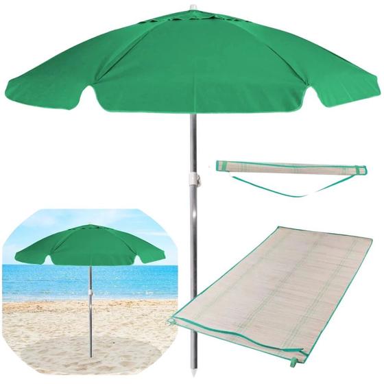 Imagem de Kit Guarda-sol Praia 1,60m Verde + Esteira de Palha com Alca Bel