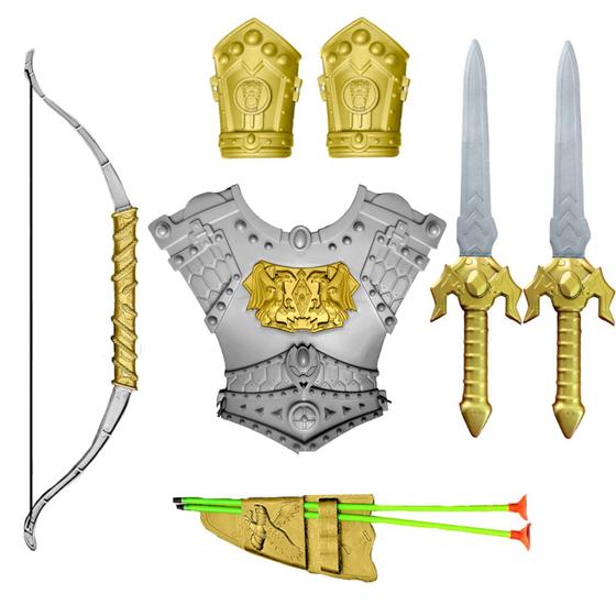Imagem de Kit Guerreiro Medieval Infantil 2 Espadas 1 Escudo Arco e Flecha
