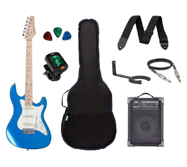 Imagem de Kit Guitarra Strato Strinberg STS-100 com acessórios + amplificador AZUL