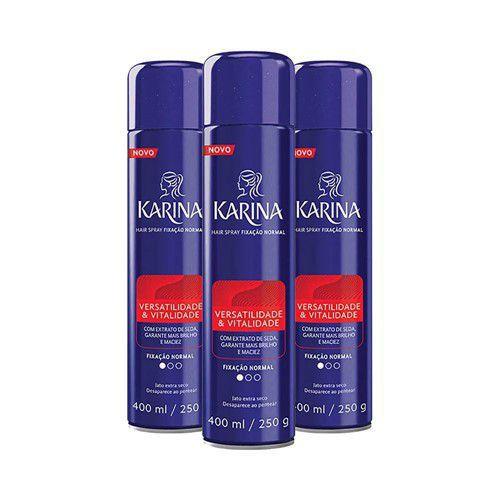 Kit Hair Spray Karina Fixação Normal 400ml - 3 UNIDADES Menor preço em Kit Hair Spray Karina Fixação Normal 400ml - 3 UNIDADES