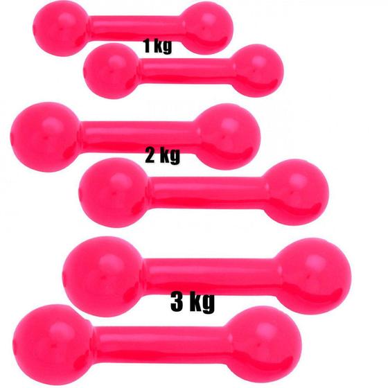 Imagem de Kit Halteres 2 de 1kg + 2 de 2kg + 2 de 3kg Emborrachado Rosa  Mega Peso 