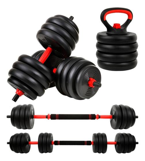 Imagem de Kit Halteres Barra Kettlebell 6 em 1 Peso Musculação até 40kg Ajustável Preto