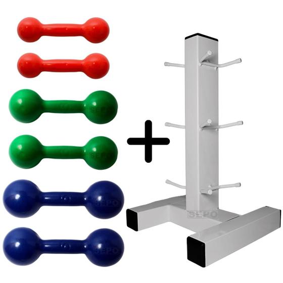 Imagem de Kit Halteres Emborrachados Pares de 1Kg 3Kg e 5Kg com Suporte de Chão Branco