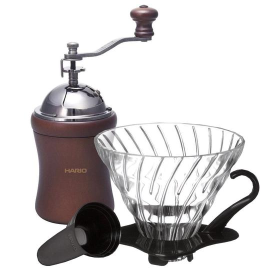 Imagem de Kit Hario V60-02 Coador Preto de Vidro e Moedor Manual Dome 35g