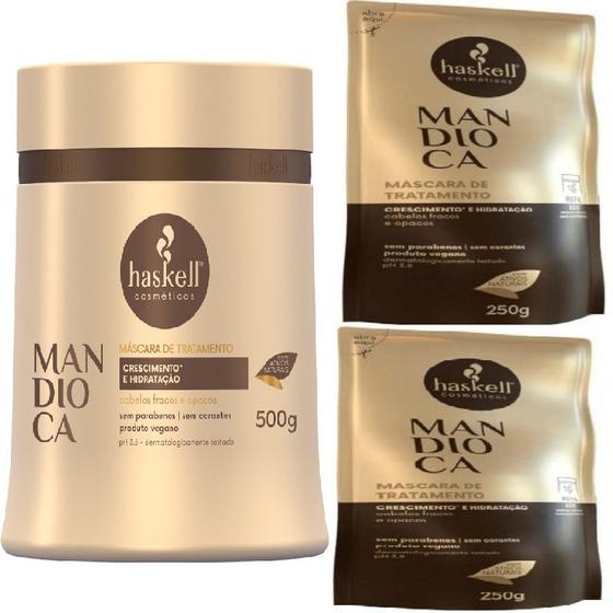 Kit Haskell Mandioca Mascara 500ML + 2 Refil Mascara 250 Kit de Tratamento para Cabelos
